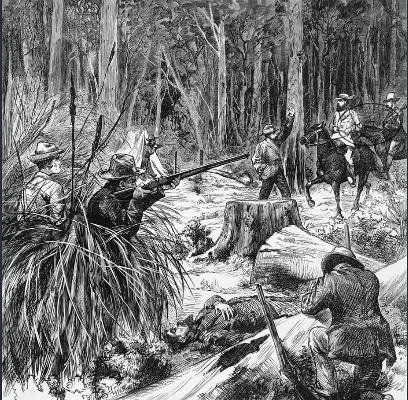 Nineteenth century engraving of armed men in long grass aiming at two mounted police, with a body lying beside a log.