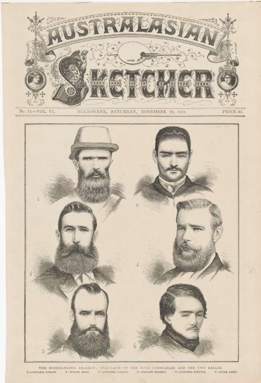 Front page of the Australasian Sketcher with six engraved portraits of bearded men.